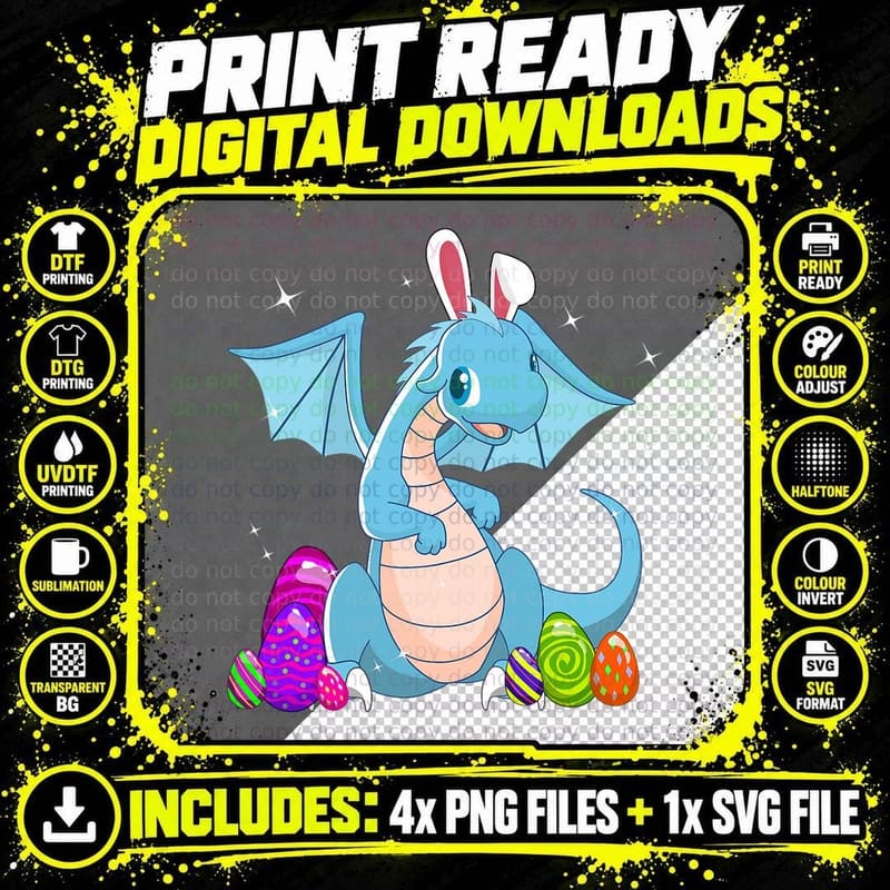 Easter Dragon Holiday Bunny Ears and Colored Eggs T-Shirt Png SVG Digital Bundle