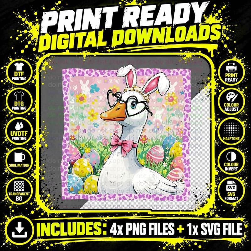 Easter Duck in Bunny Ears Funny Goose T-Shirt Png SVG Digital Bundle