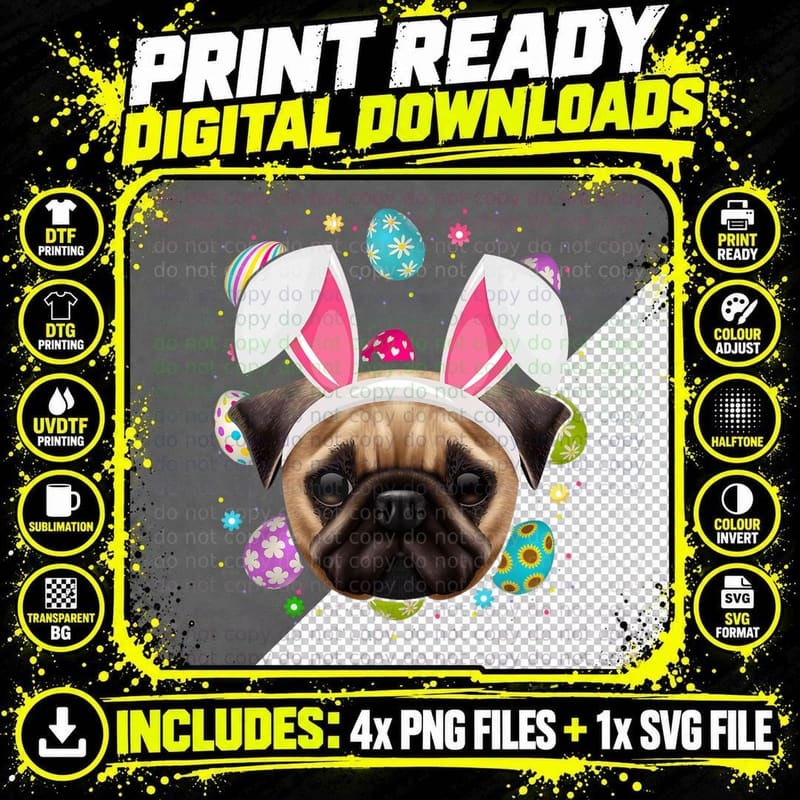 Easter Egg Bunny Ear Pug Dog Face T-Shirt, Easter Theme Png SVG Digital Bundle