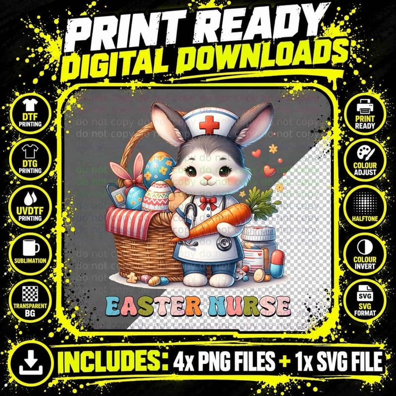 Easter Nurse T-Shirt, Easter Bunny Nurse with Eggs and Png SVG Digital Bundle