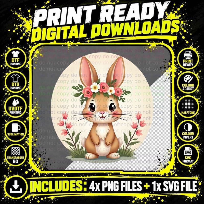 Easter Rabbit Watercolor Floral Crown Cute Whimsical Png SVG Digital Bundle