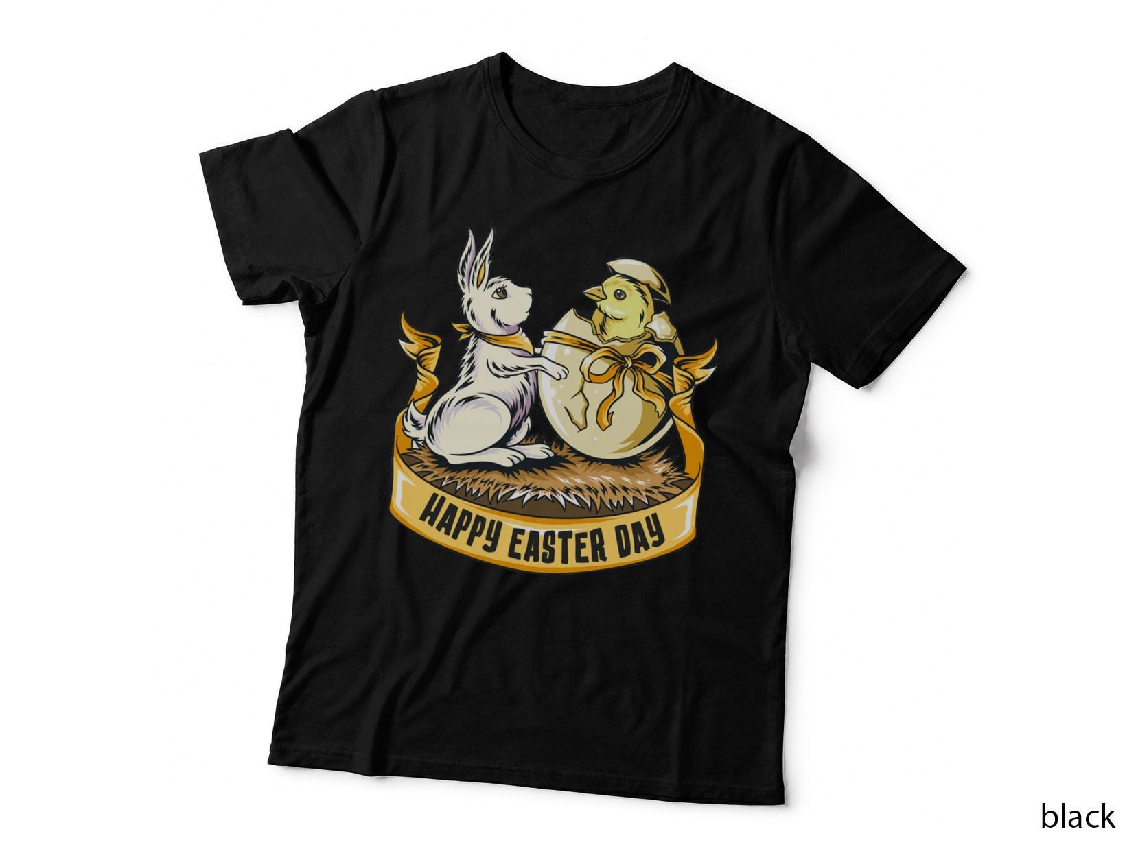 Easter Rabbits Banner Happy Day Two Bunnies with Golden Ribbon T-Shirt