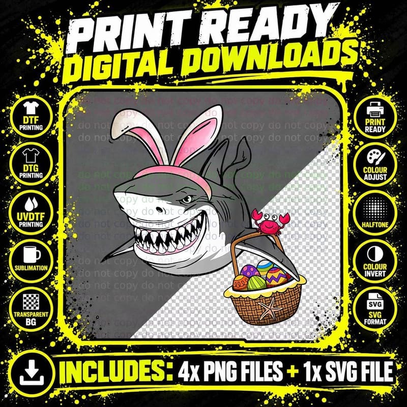Easter Shark Easter Basket Bunny Ears T-Shirt Png SVG Digital Bundle