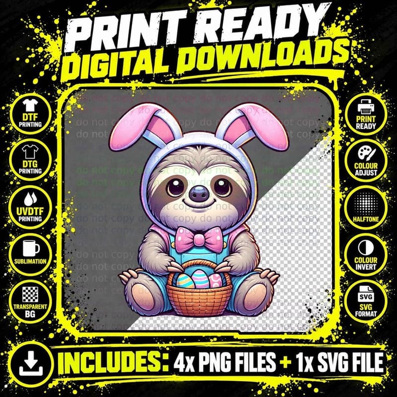 Easter Sloth Bunny Ears Eggs Cute T-Shirt Png SVG Digital Bundle