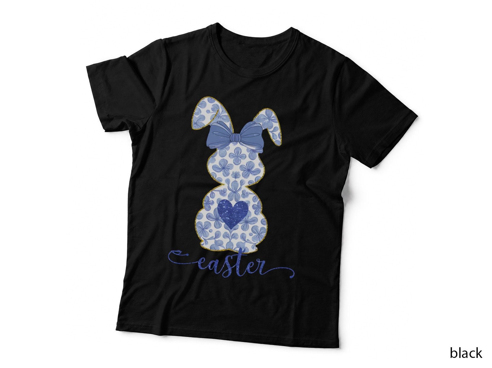 Easter T-Shirt, Blue Floral Bunny Silhouette Graphic Tee