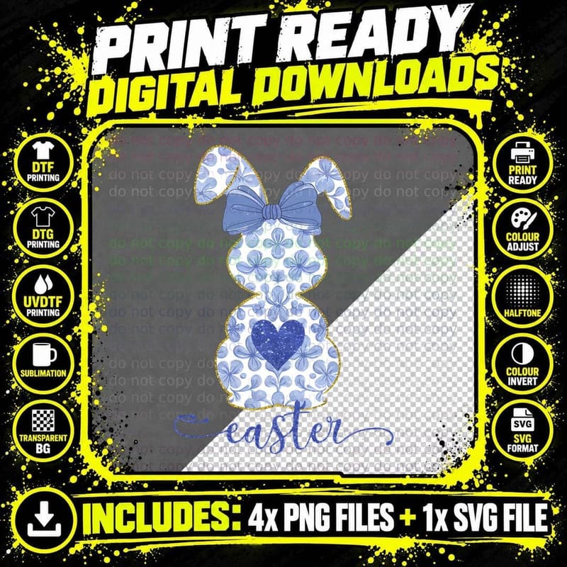 Easter T-Shirt, Blue Floral Bunny Silhouette Graphic Tee Png SVG Digital Bundle
