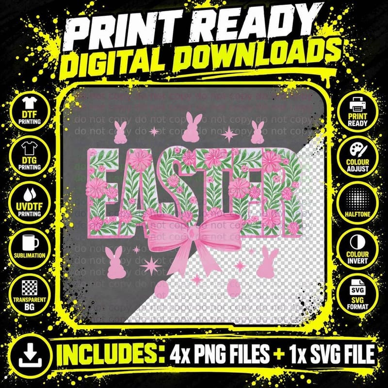 Easter T-Shirt, Easter Floral Bunny Eggs Stars Graphic Png SVG Digital Bundle