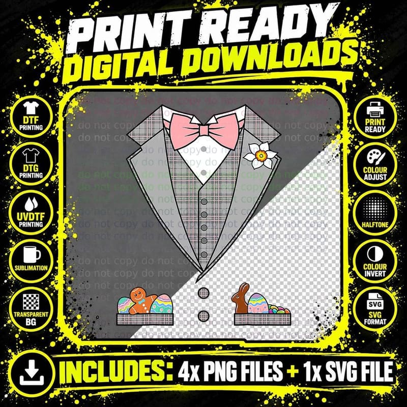 Easter Tuxedo Pink Bow Tie T-Shirt Png SVG Digital Bundle