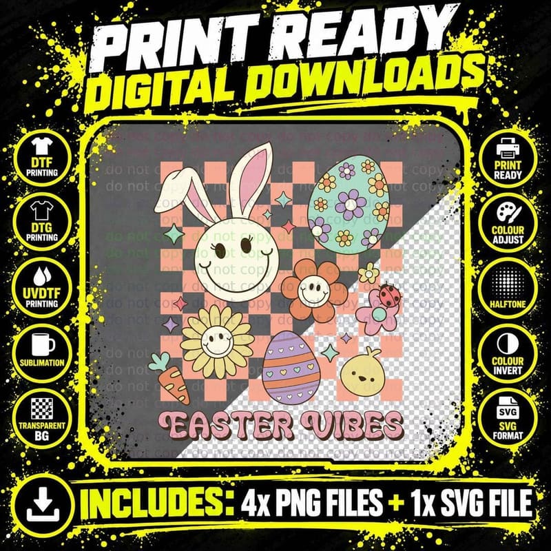 Easter Vibes Easter T-Shirt, Easter Bunny Eggs Flowers Png SVG Digital Bundle