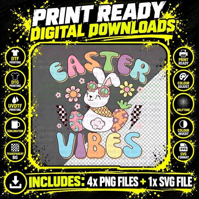 Easter Vibes Easter T-Shirt, Easter Bunny with Flowers Png SVG Digital Bundle