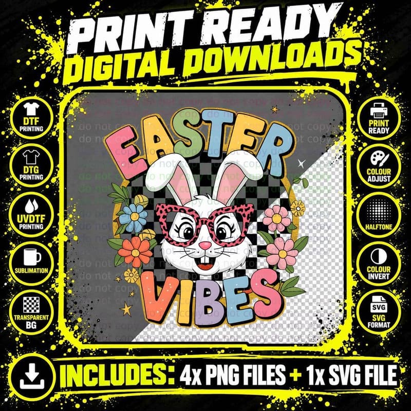 Easter Vibes Easter T-Shirt, Easter Bunny with Glasses Png SVG Digital Bundle