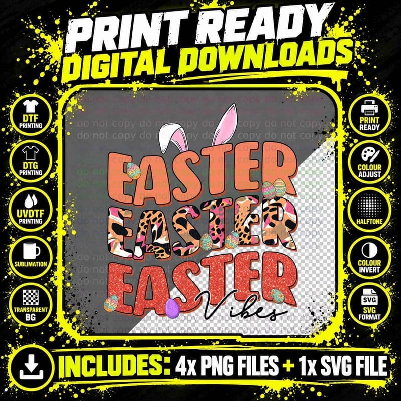 Easter Vibes Easter T-Shirt, Easter Eggs and Bunny Ears Png SVG Digital Bundle