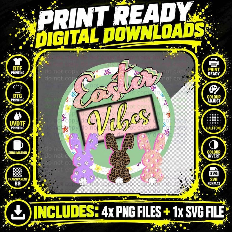 Easter Vibes Easter T-Shirt, Easter-Themed Bunnies with Png SVG Digital Bundle