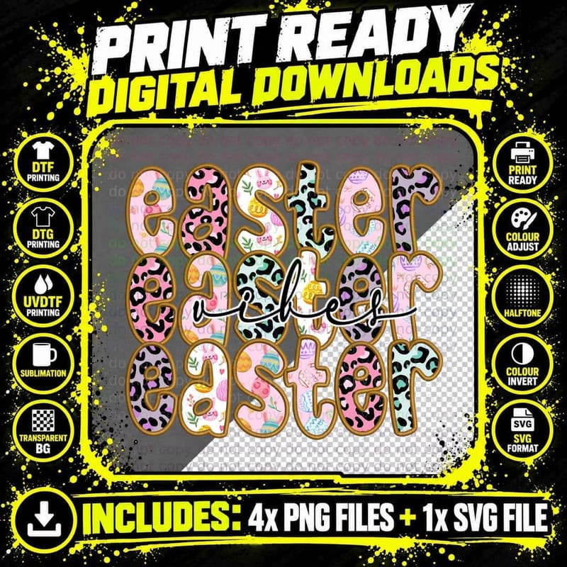 Easter Vibes Leopard Print Stacked Letters Bunny Easter Png SVG Digital Bundle