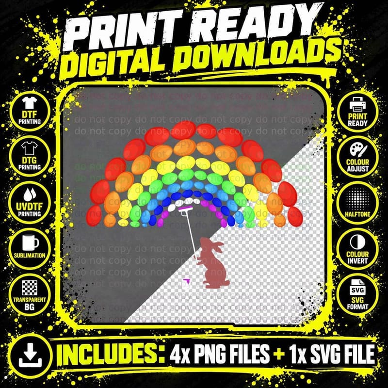 Easterbunny Painting Rainbow Made of Happy Easter Eggs Png SVG Digital Bundle