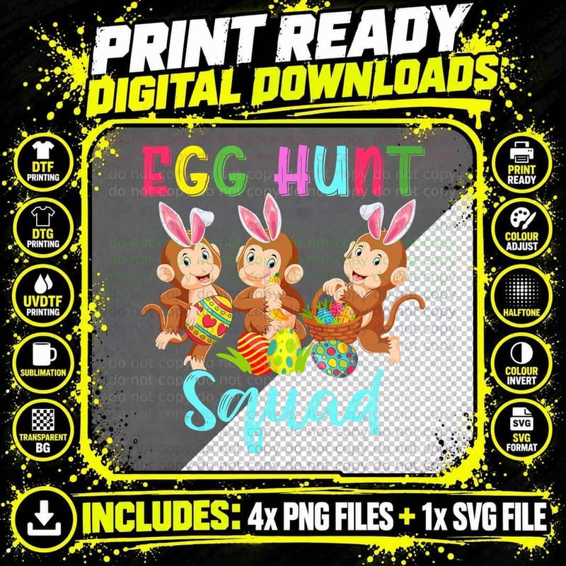 Egg Hunt Squad Three Easter Bunny Monkeys Hunting Eggs Png SVG Digital Bundle