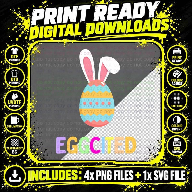 Eggcited for Easter, Funny Easter Egg with Easter Bunny Png SVG Digital Bundle