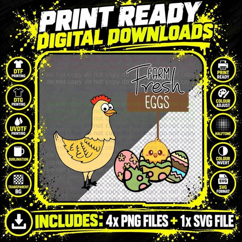 Farm Fresh Eggs Easter T-Shirt, Farm Fresh Eggs with Hen Png SVG Digital Bundle
