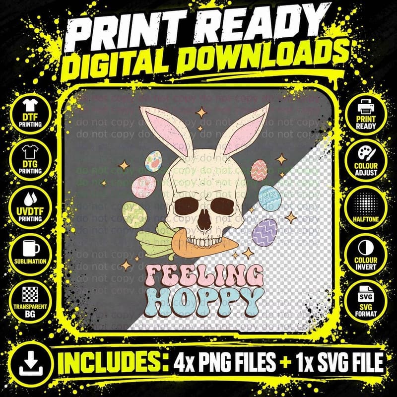 Feeling Hoppy Easter T-Shirt, Skull Wearing Bunny Ears Png SVG Digital Bundle