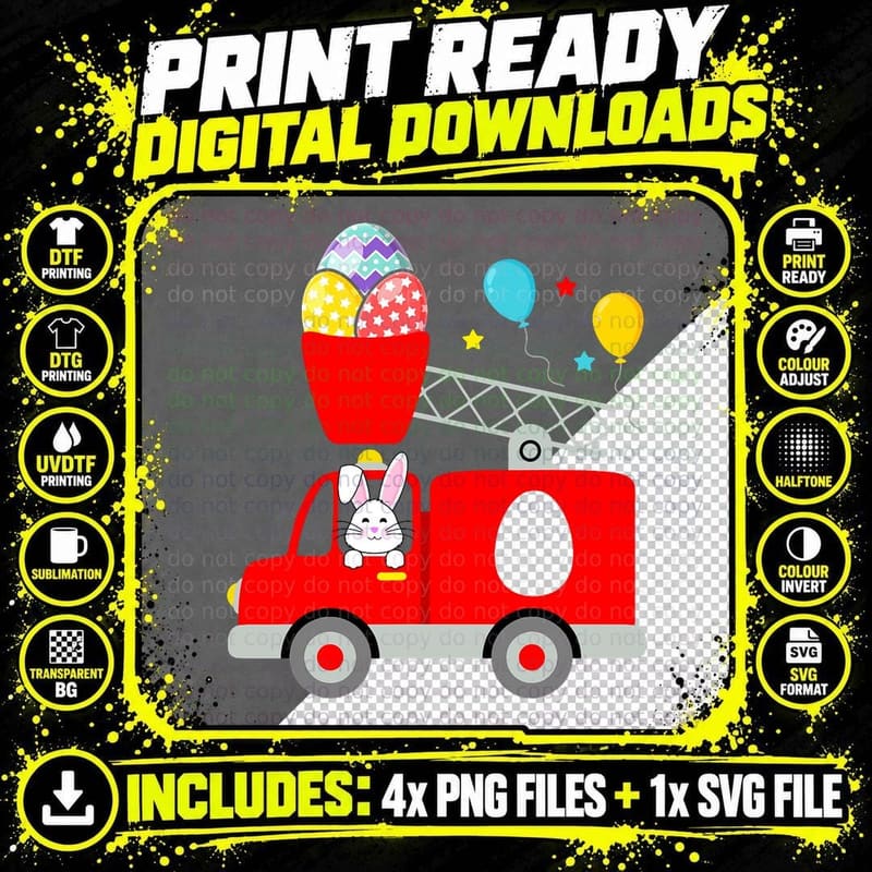 Fire Truck Easter Egg Cute Bunny Firefighter Toddler Png SVG Digital Bundle