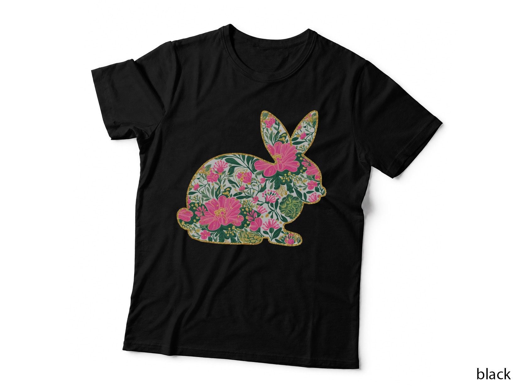 Floral Bunny Silhouette with Pink Flowers Easter T-Shirt, Easter Graphic Tee