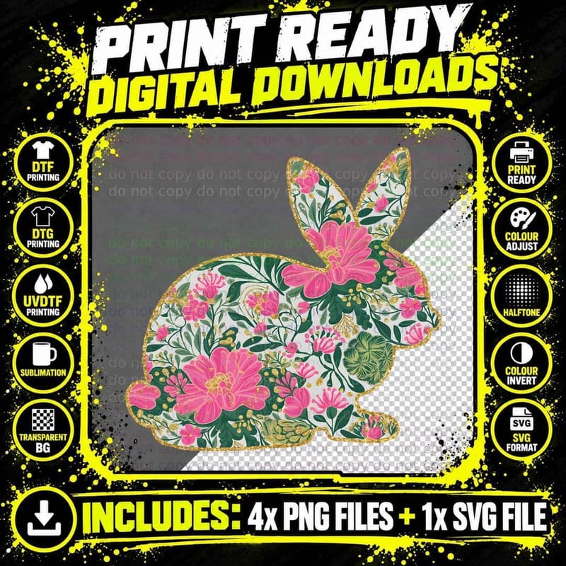 Floral Bunny Silhouette with Pink Flowers Easter T-Shirt Png SVG Digital Bundle