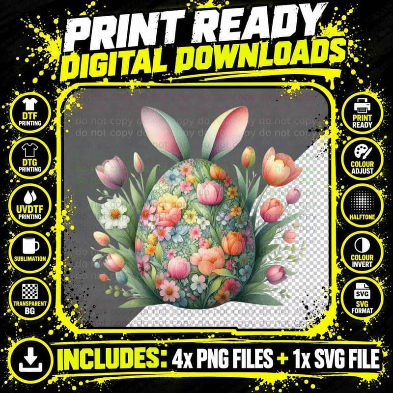 Floral Easter Egg with Bunny Ears Easter T-Shirt Png SVG Digital Bundle