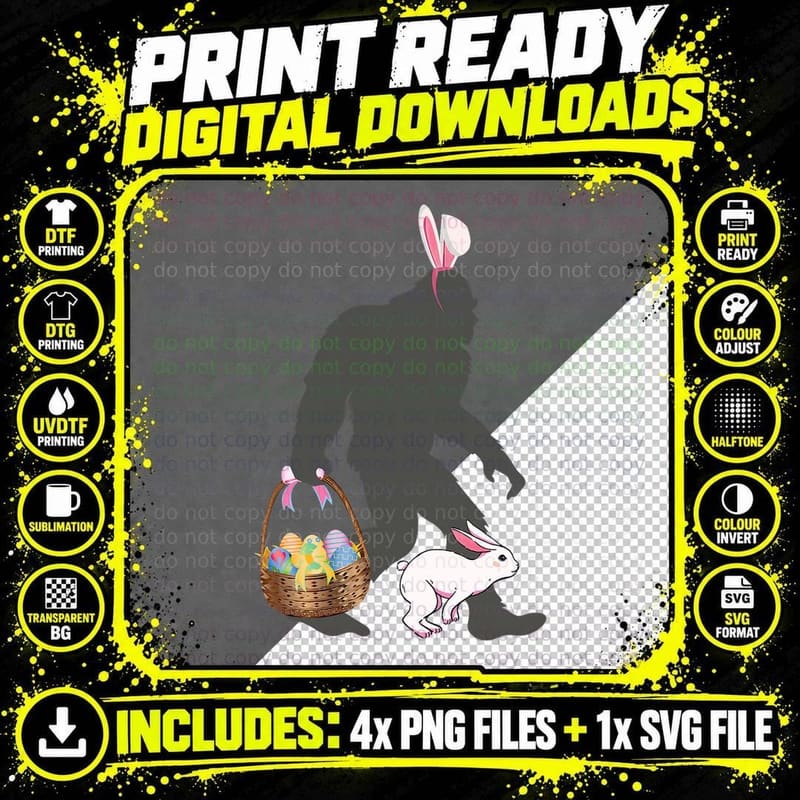 Funny Bigfoot with Easter Basket Bunny Rabbit Easter Png SVG Digital Bundle