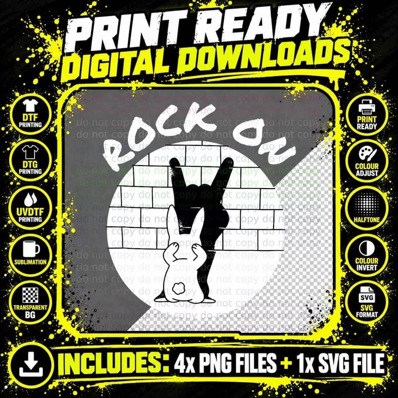 Funny Rock on Bunny Rabbit Shadow Puppet Rock N Roll Png SVG Digital Bundle