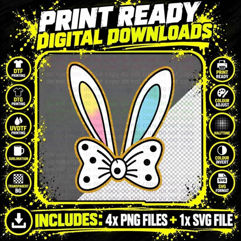 Glittery Bunny Ears with Bow Easter T-Shirt Png SVG Digital Bundle