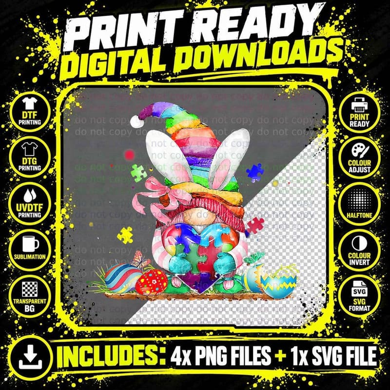 Gnome Autism Easter Bunny Spring Gnome Easter Egg T-Shirt Png SVG Digital Bundle