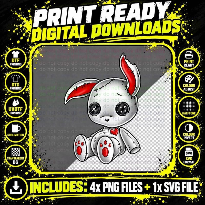 Goth Bunny Cute Gothic White Bunny Red Heart T-Shirt Png SVG Digital Bundle
