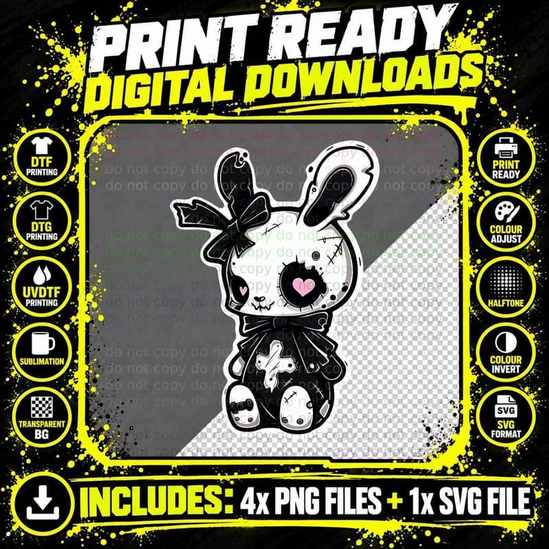 Goth Bunny Kawaii Rabbit E-Girl Cute Gothic Outfit Png SVG Digital Bundle