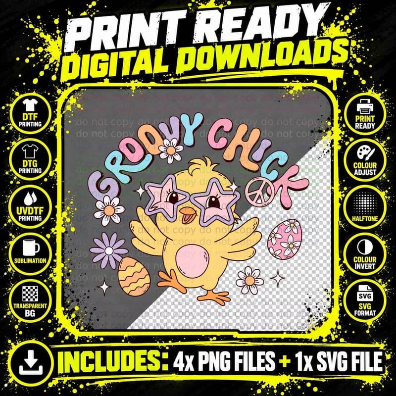 Groovy Chick Easter T-Shirt, Groovy Chick with Star Png SVG Digital Bundle