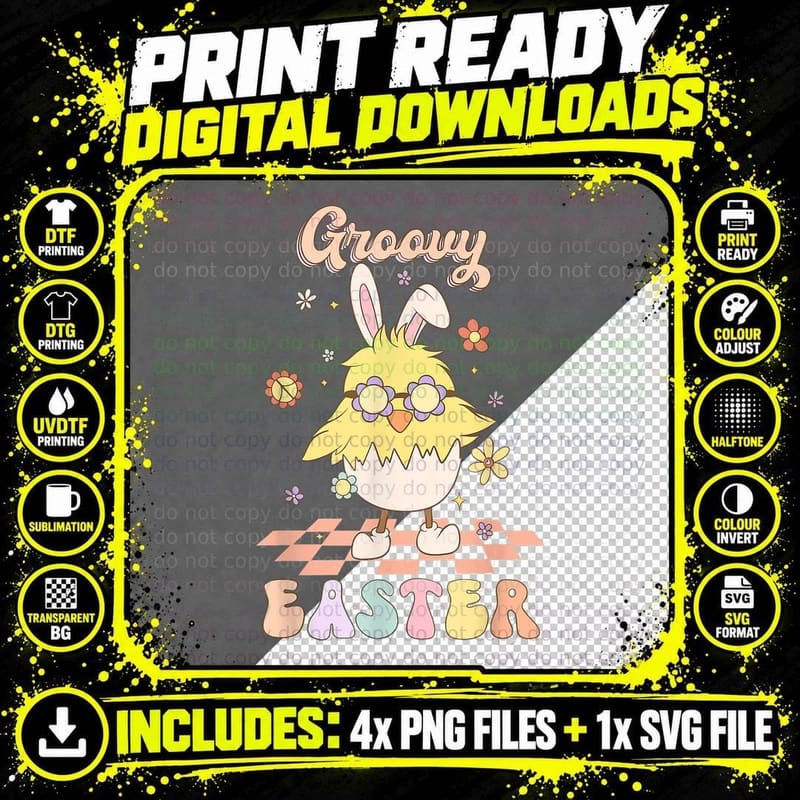 Groovy Easter Chick T-Shirt, Retro Vintage Png SVG Digital Bundle