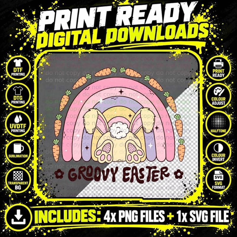 Groovy Easter T-Shirt, Easter Bunny Under Rainbow with Png SVG Digital Bundle