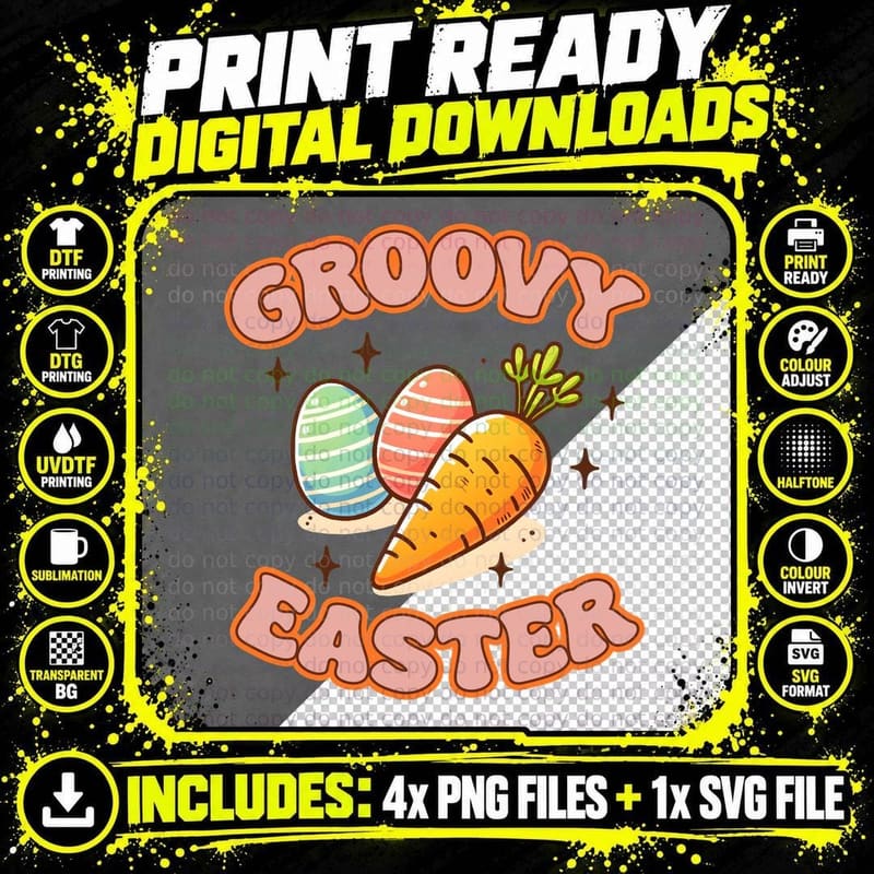 Groovy Easter T-Shirt, Easter Eggs and Carrot Png SVG Digital Bundle