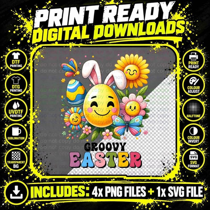 Groovy Easter T-Shirt, Groovy Easter Bunny Flowers Png SVG Digital Bundle