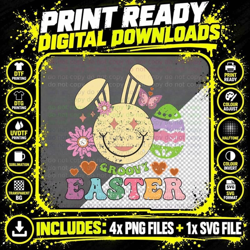 Groovy Easter T-Shirt, Groovy Easter Bunny with Flowers Png SVG Digital Bundle
