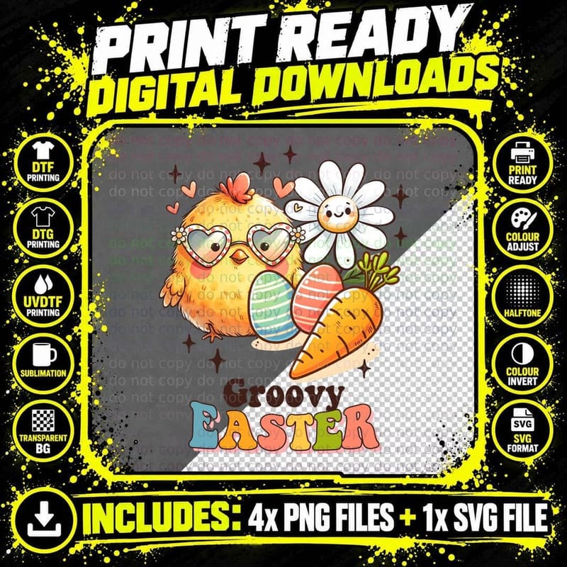 Groovy Easter T-Shirt, Groovy Easter Chick with Eggs and Png SVG Digital Bundle
