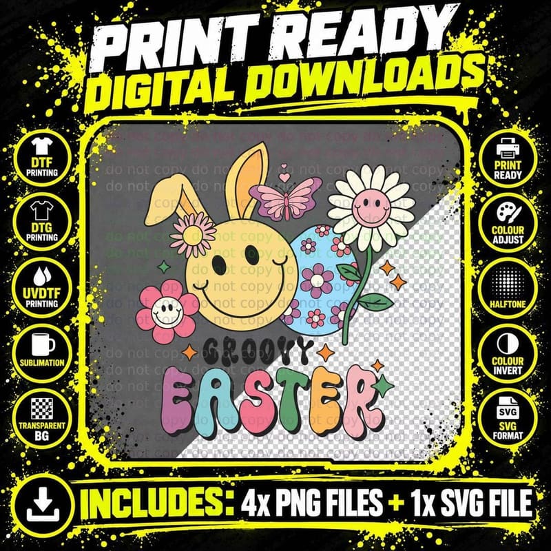 Groovy Easter T-Shirt, Smiley Bunny with Flowers and Egg Png SVG Digital Bundle