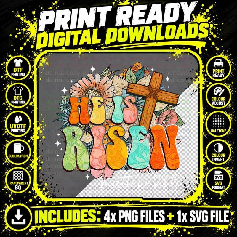 Groovy He Is Risen Cross Jesus Religious Easter Png SVG Digital Bundle