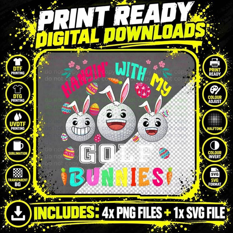 Hangin' with My Golf Bunnies Three Easter Bunny Balls Png SVG Digital Bundle