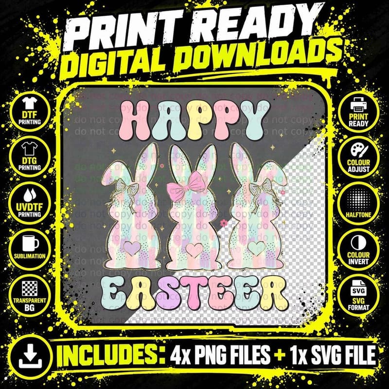 Happy Easteer Easter T-Shirt, Pastel Easter Bunnies with Png SVG Digital Bundle