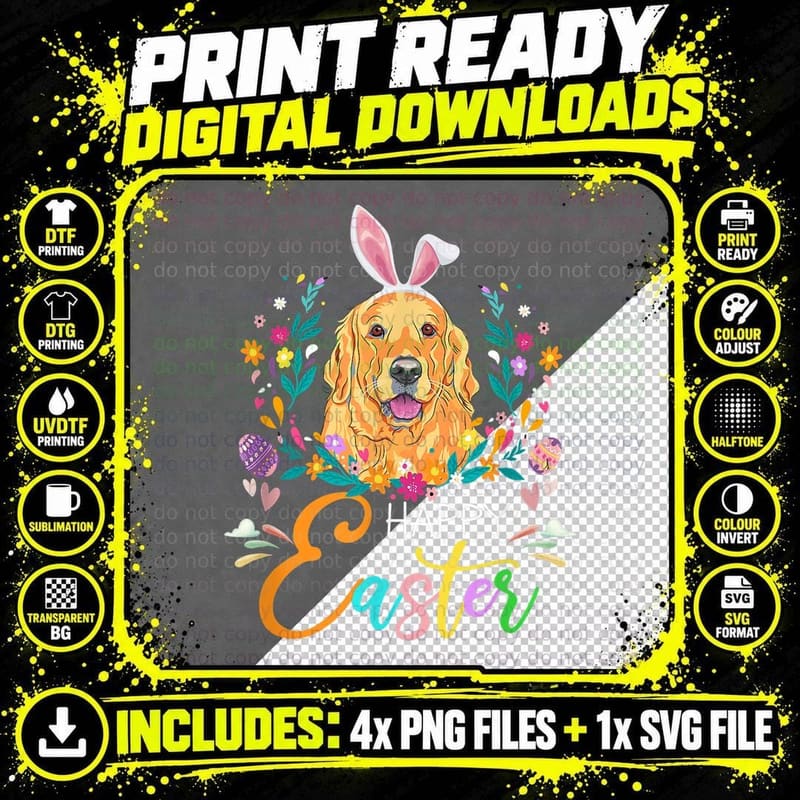 Happy Easter Bunny Golden Retriever T-Shirt Png SVG Digital Bundle