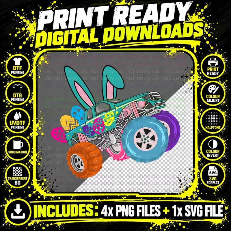 Happy Easter Bunny Monster Truck Lovers Png SVG Digital Bundle