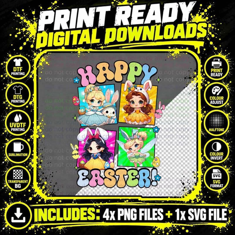 Happy Easter Chibi Princess Bunny Costumes Png SVG Digital Bundle