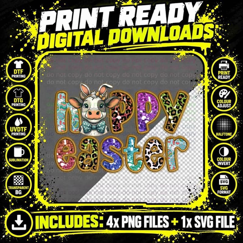 Happy Easter Cow with Eggs, Leopard Glitter Letters Png SVG Digital Bundle