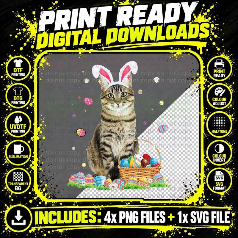 Happy Easter Cute Bunny Cat Eggs Basket Easter Cat Png SVG Digital Bundle