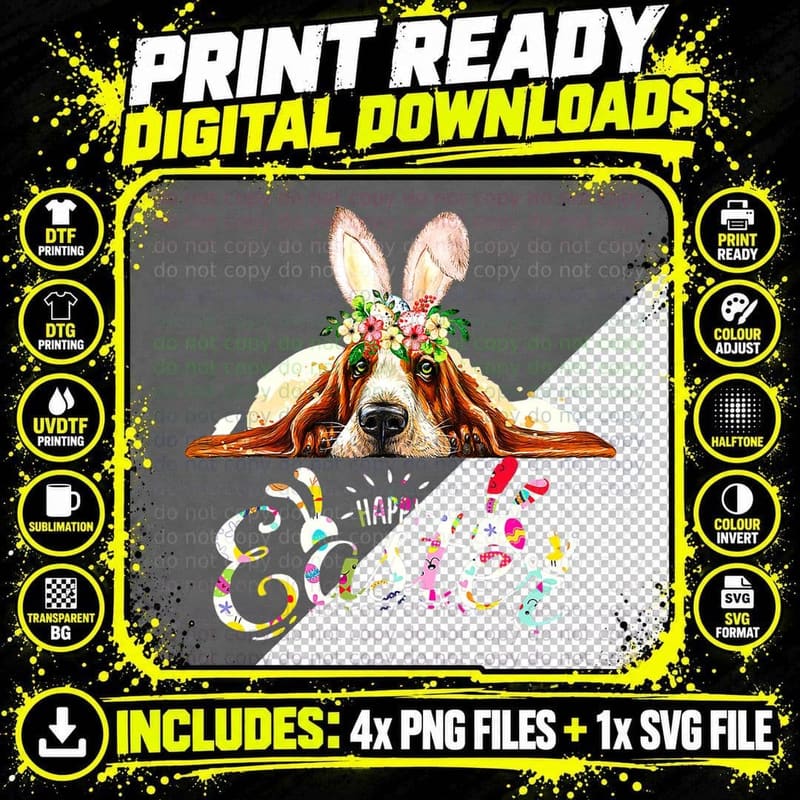 Happy Easter Day Bunny Basset Hound Lovers with Easter Png SVG Digital Bundle
